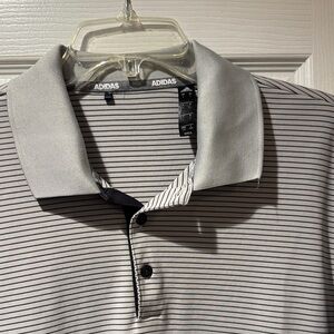 adidas Men’s Light Gray Polo with Thin Black Stripes